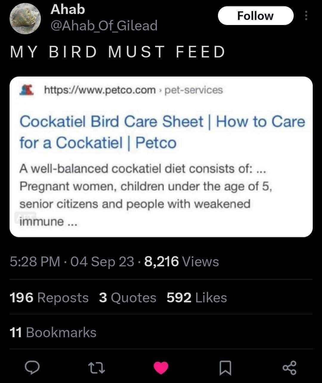 My bird has some very specific dietary needs, apparently.