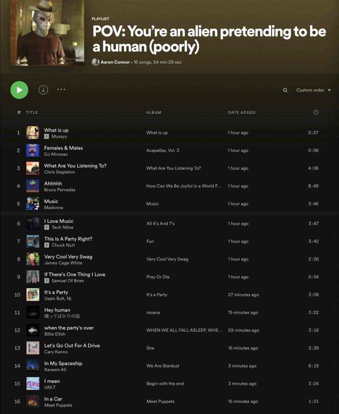 When you make a Spotify playlist titled 'POV: You're an alien pretending to be a human (poorly)' and then pick songs like 'What is up' and 'It's a party'.