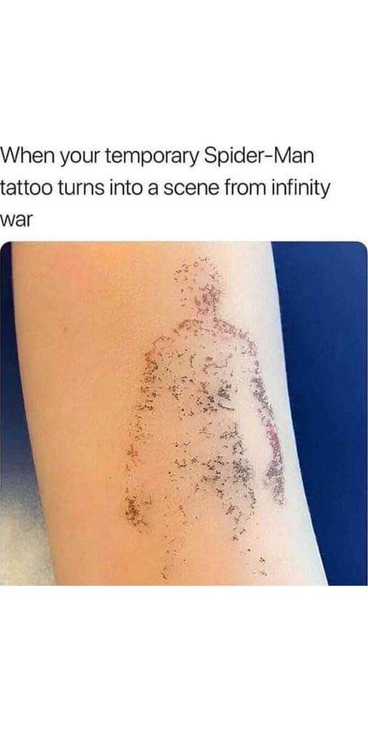 My Spider-Man temporary tattoo is literally disintegrating like Thanos snapped it away