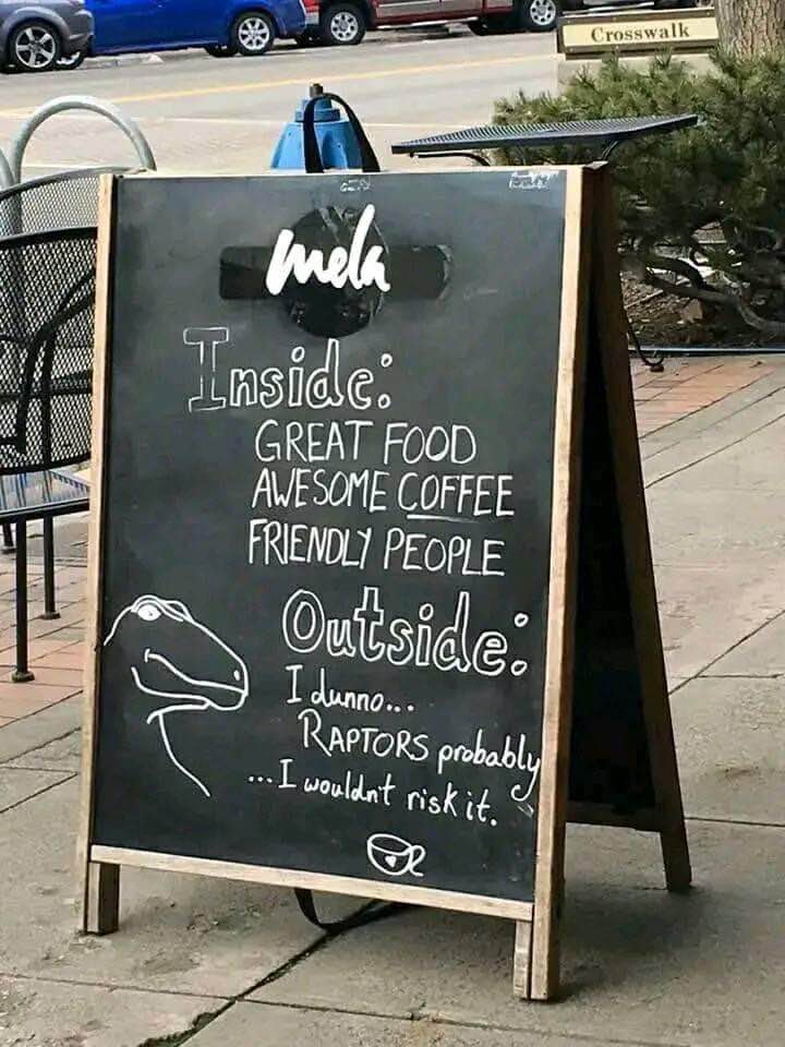 This cafe's outdoor seating is probably dangerous because of raptors. 😂