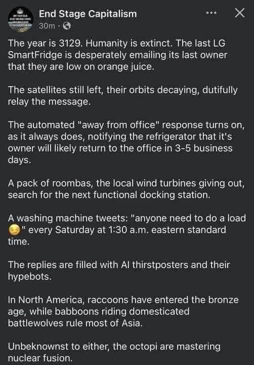 When humanity is gone but your fridge still low-key needs that orange juice and your washing machine is still trying to make friends.
