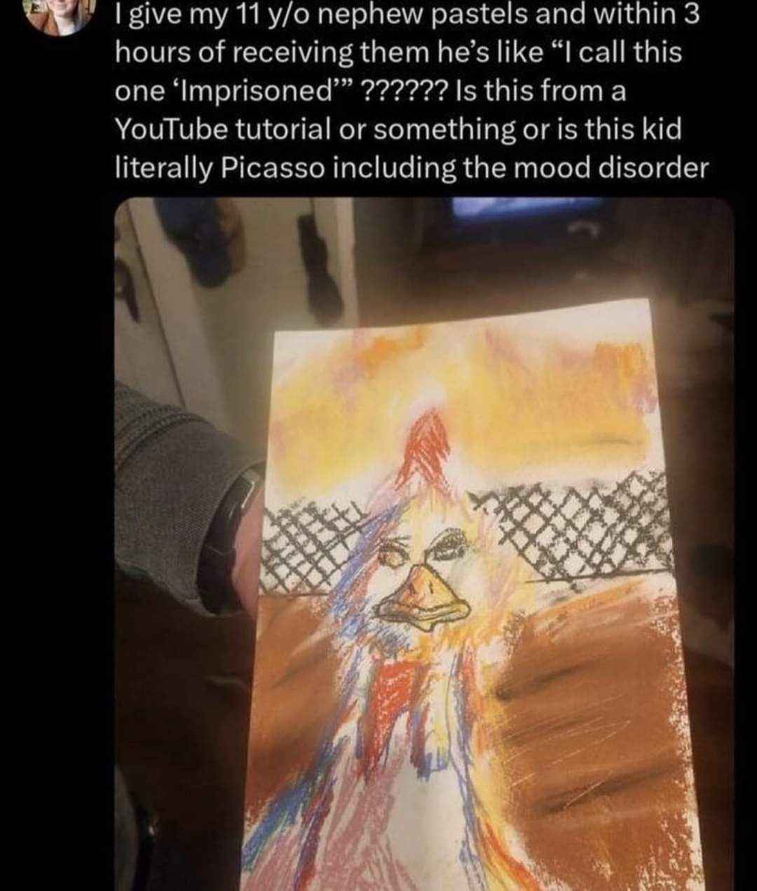 My nephew's drawing called 'Imprisoned' is giving me Picasso vibes, mood disorder and all