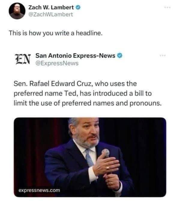 Ted Cruz introducing a bill to limit preferred names and pronouns, which is kinda ironic...