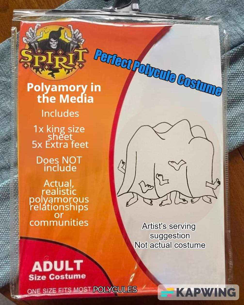 This costume is exactly how polamory is represented in the media apparently. Includes a sheet and extra feet, does not include actual relationships.