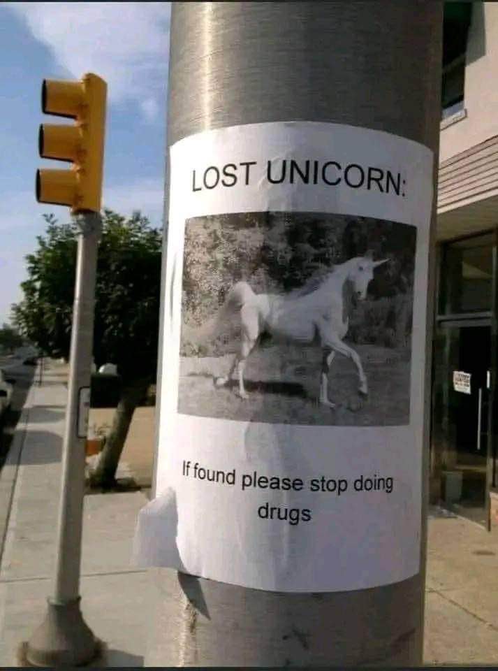 Lost unicorn poster implying the owner is on drugs. Lol.