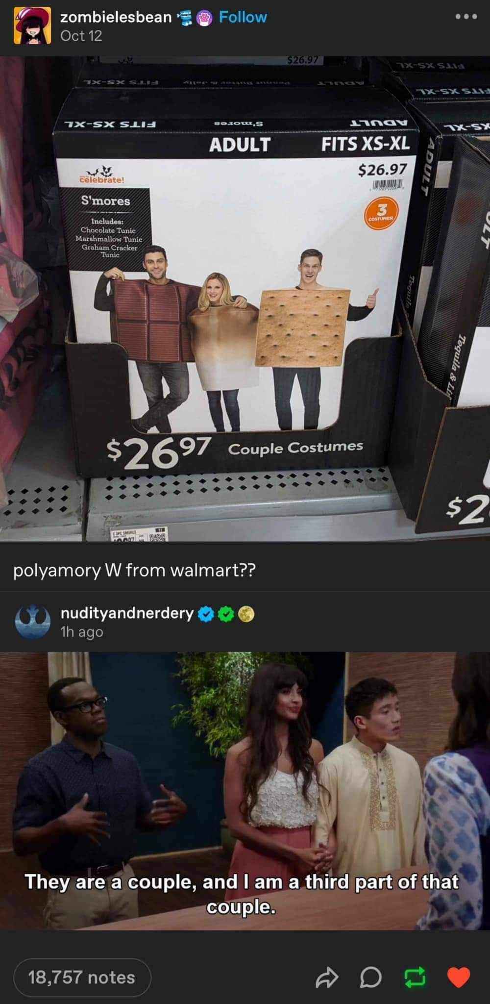 So Walmart is selling polyamorous s'mores costumes now?
