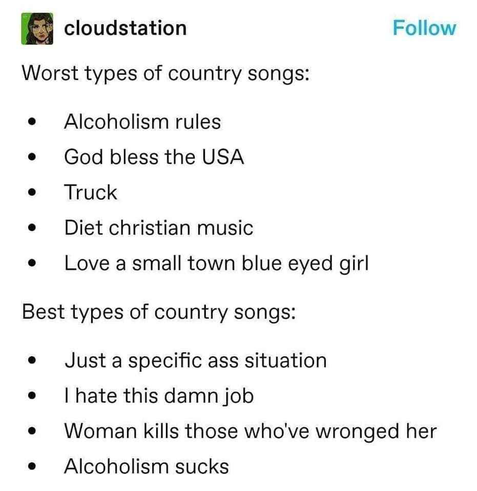 This list basically says all country songs are about trucks, girls, patriotism, or drinking, UNLESS they're about the downsides of those things.