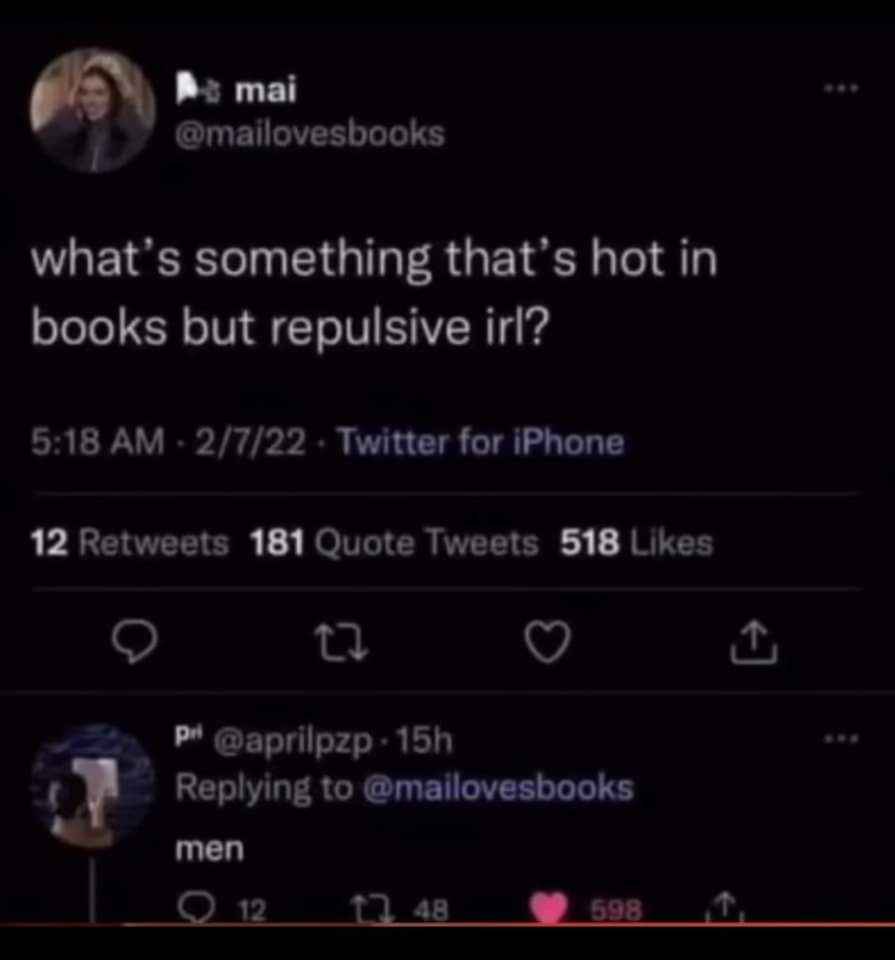 When you ask what's hot in books but repulsive IRL and the answer is just... men.
