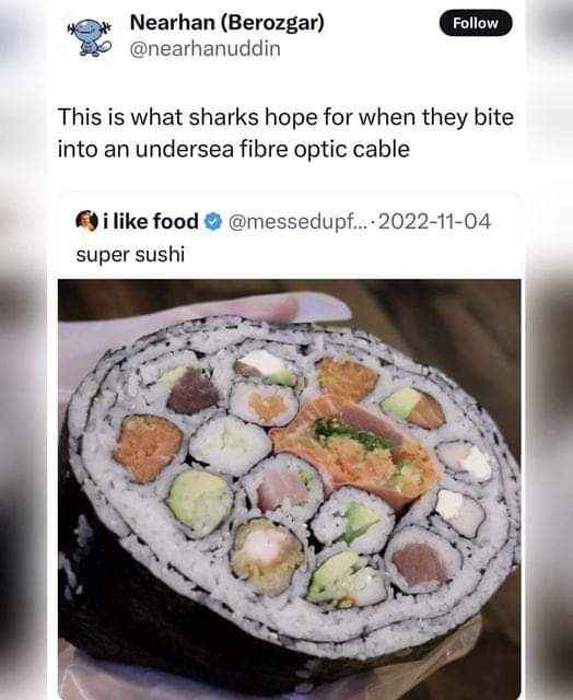 Sharks biting cables and ending up with sushi instead? That's a plot twist I can get behind.