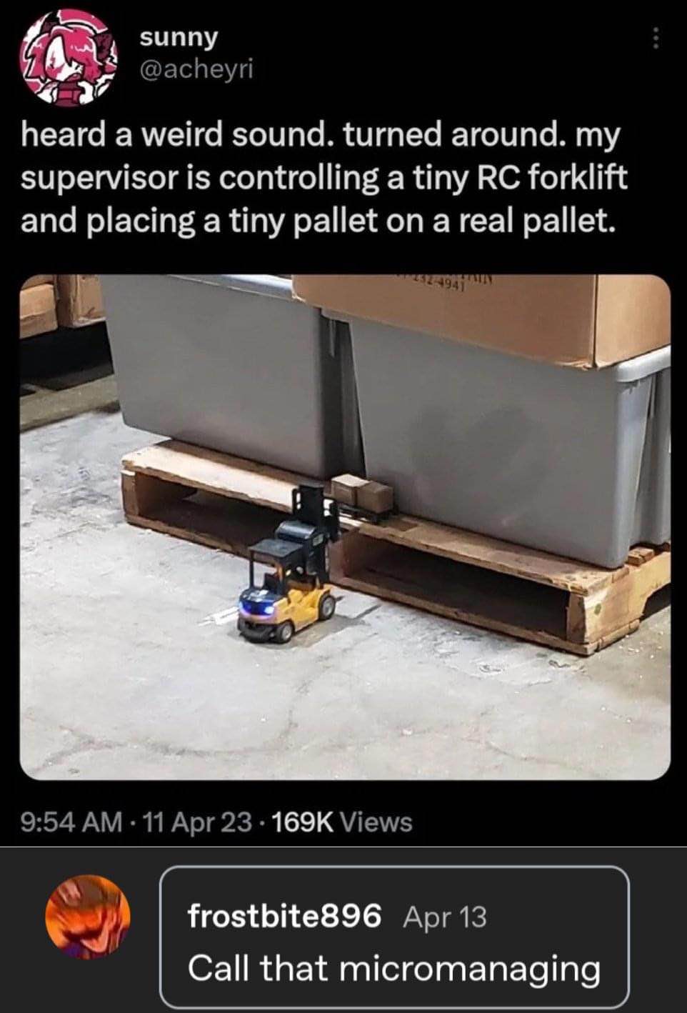 My supervisor is operating a tiny RC forklift to move a tiny pallet onto a real pallet. That's some next-level micromanaging.