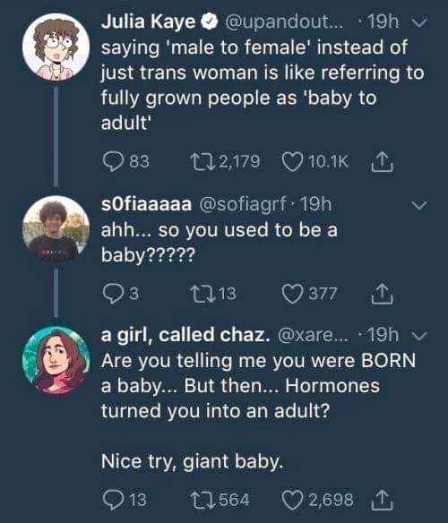 This person tried to make a point about trans terminology but ended up getting roasted for thinking hormones turn babies into adults lol