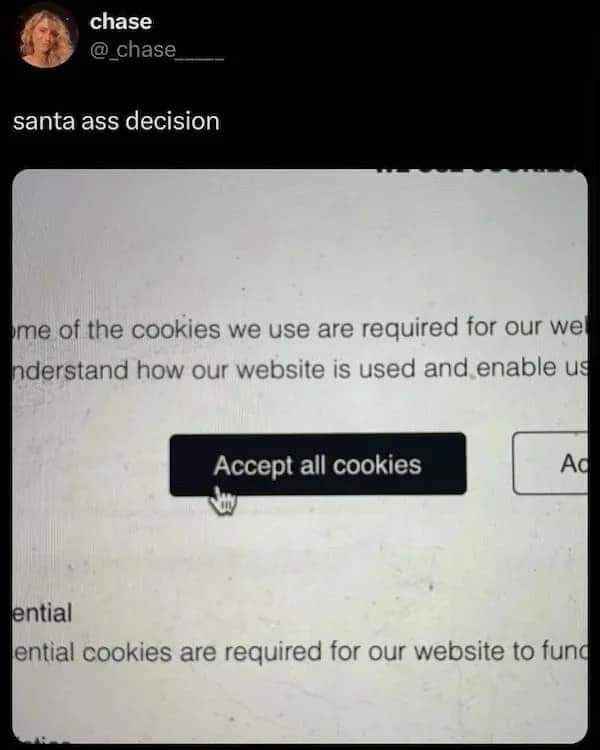 Me clicking 'accept all cookies' without reading anything because I just want to get to the website already