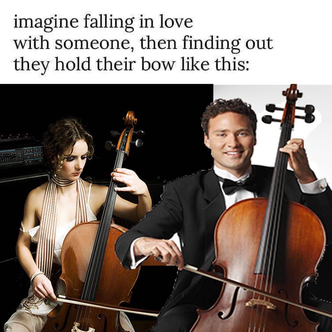 When you find out your crush plays cello but... they hold the bow wrong. 😬