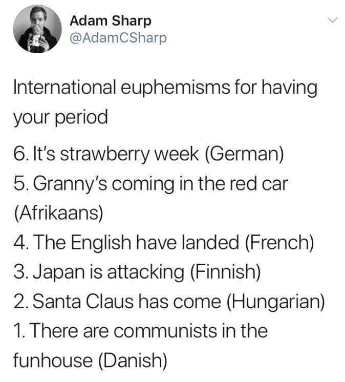  Lol at these international euphemisms for periods. "Communists in the funhouse" is my favorite.