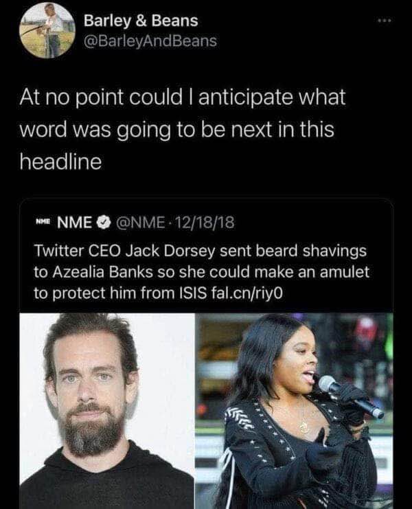Jack Dorsey sent his beard shavings to Azealia Banks to make an amulet against ISIS? What is happening