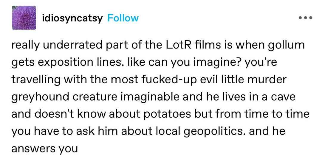 Imagine going on an adventure with Gollum and having to ask him about politics and stuff
