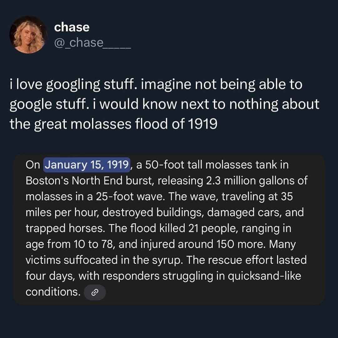 Me learning about the Great Molasses Flood of 1919 after a quick Google search.