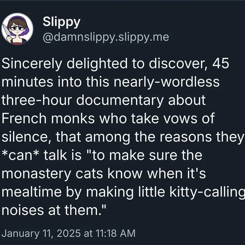 Wait, so the reason silent monks can talk is to call the monastery cats for food? Peak priorities.