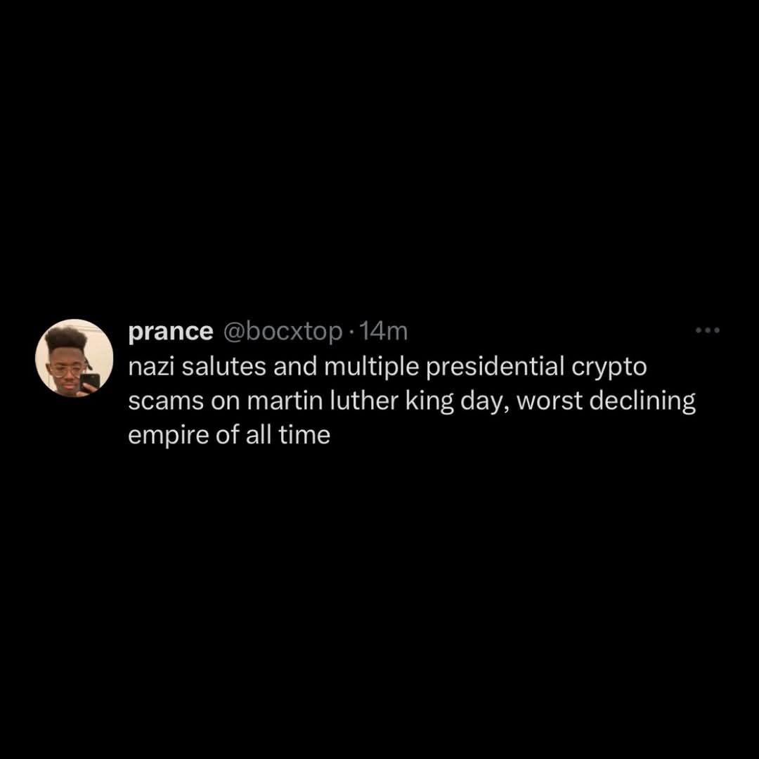 This tweet is wild, mixing nazi salutes with crypto scams on MLK day and calling it the 'worst declining empire.'