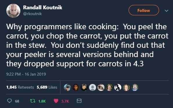 This tweet is basically saying that programmers like cooking because it's straightforward, unlike coding where things can break unexpectedly.