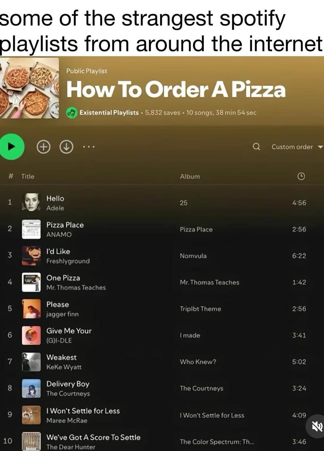 Who needs a delivery guy when you have a playlist called 'How To Order A Pizza'?