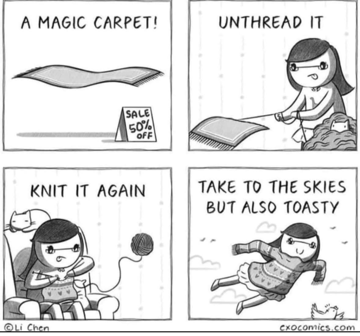 So you bought a magic carpet but it's a little chilly for flying, so you knit it into a sweater. Cozy.