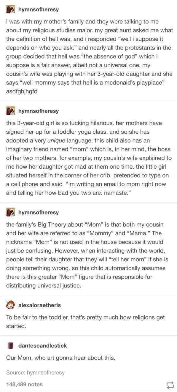 This kid invented her own religion where 'Mom' is a cosmic entity who delivers universal justice.