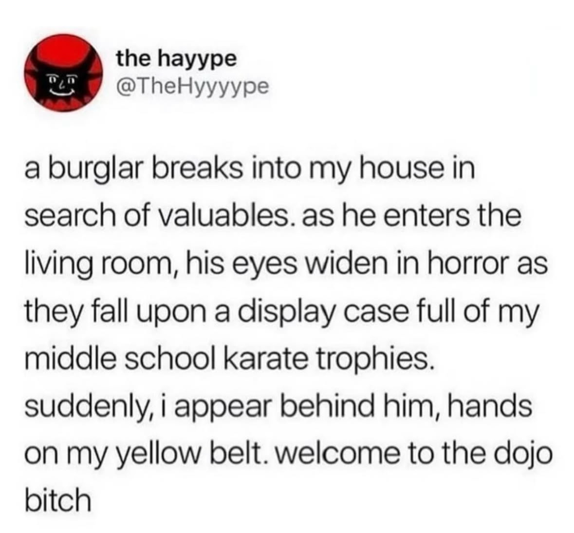 When the burglar finds your middle school karate trophies and you show up ready to defend them