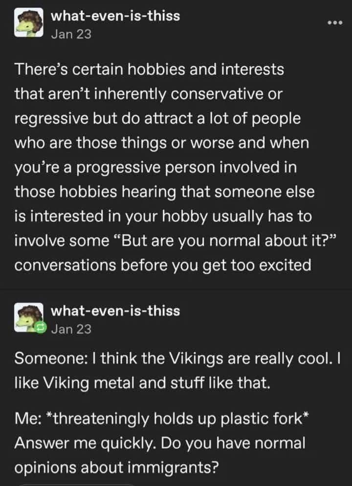 Me interrogating someone interested in Vikings to make sure they aren't also a bigot