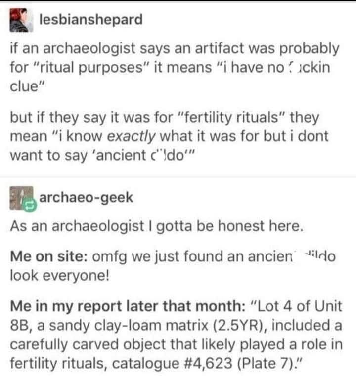 Archaeologists be like: omg we found dildos, but in the report it's 'ritualistic objects'.