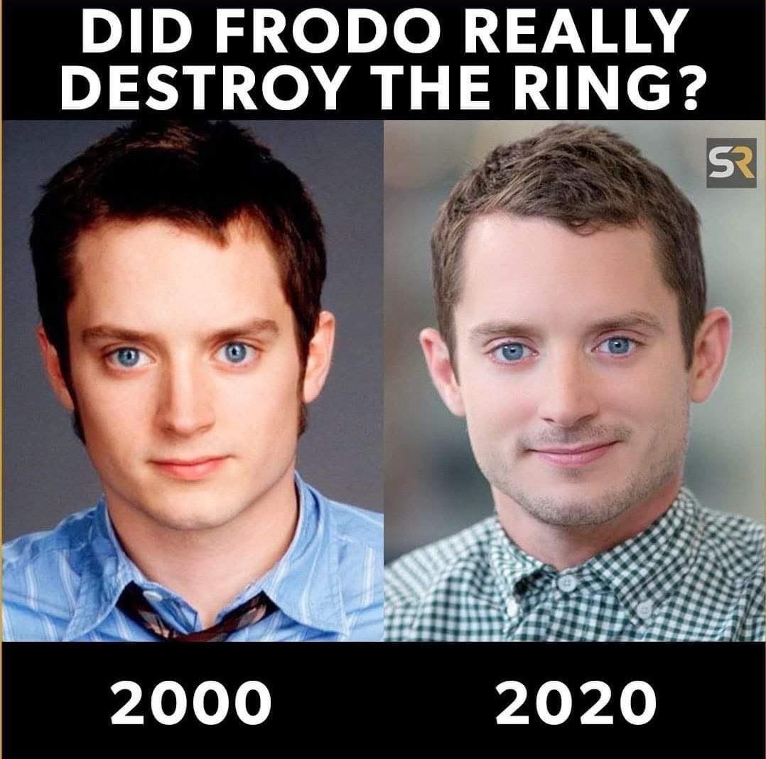 Frodo looking slightly less thrilled about destroying the ring 20 years later