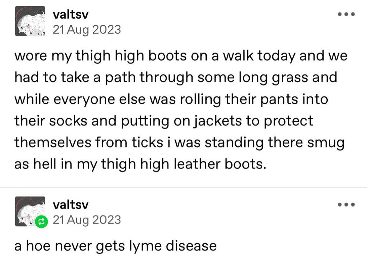 me avoiding ticks because my thigh high boots are superior fashion