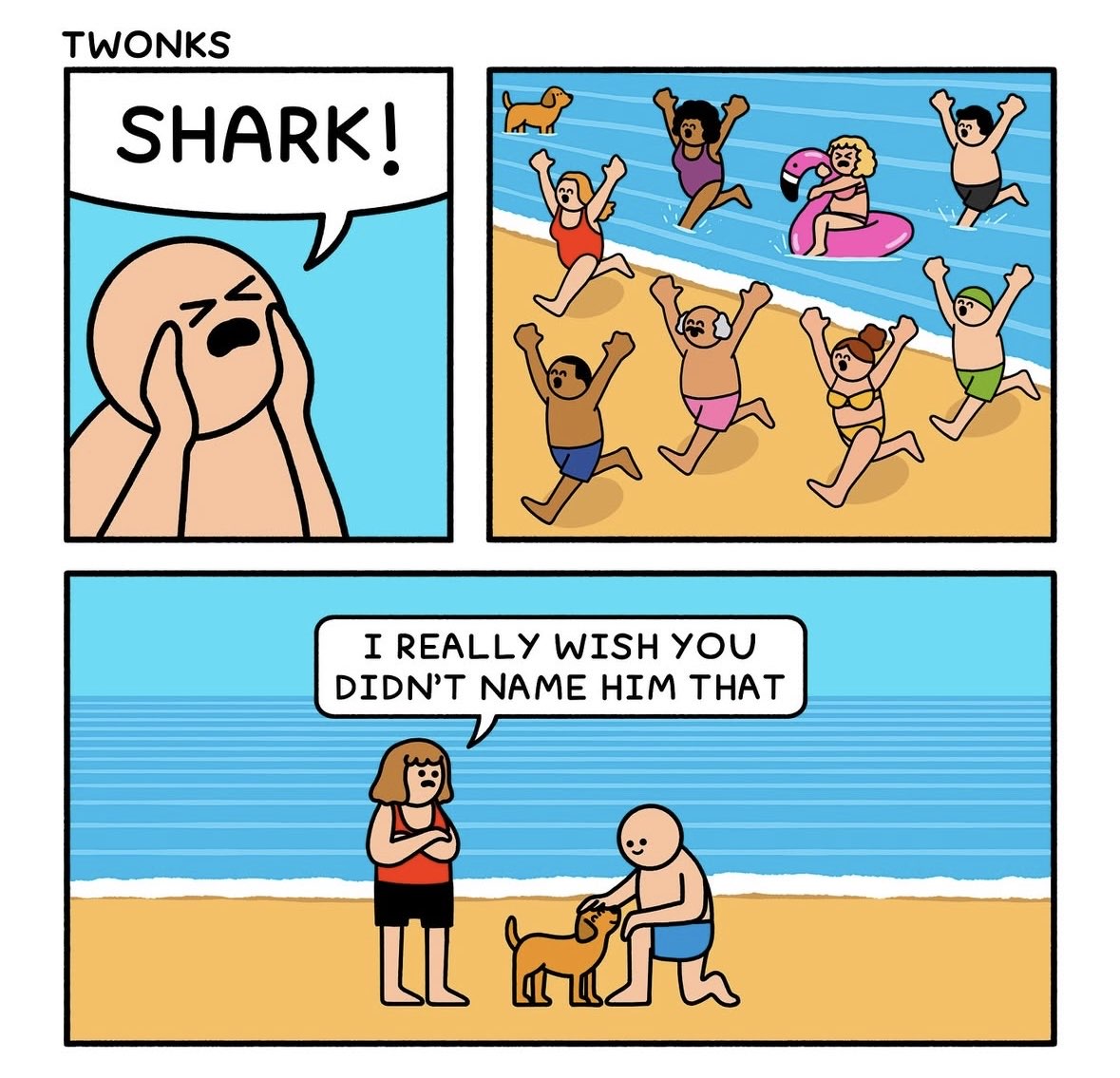 Everyone runs away from the water when someone yells SHARK! but it's just a dog named Shark.
