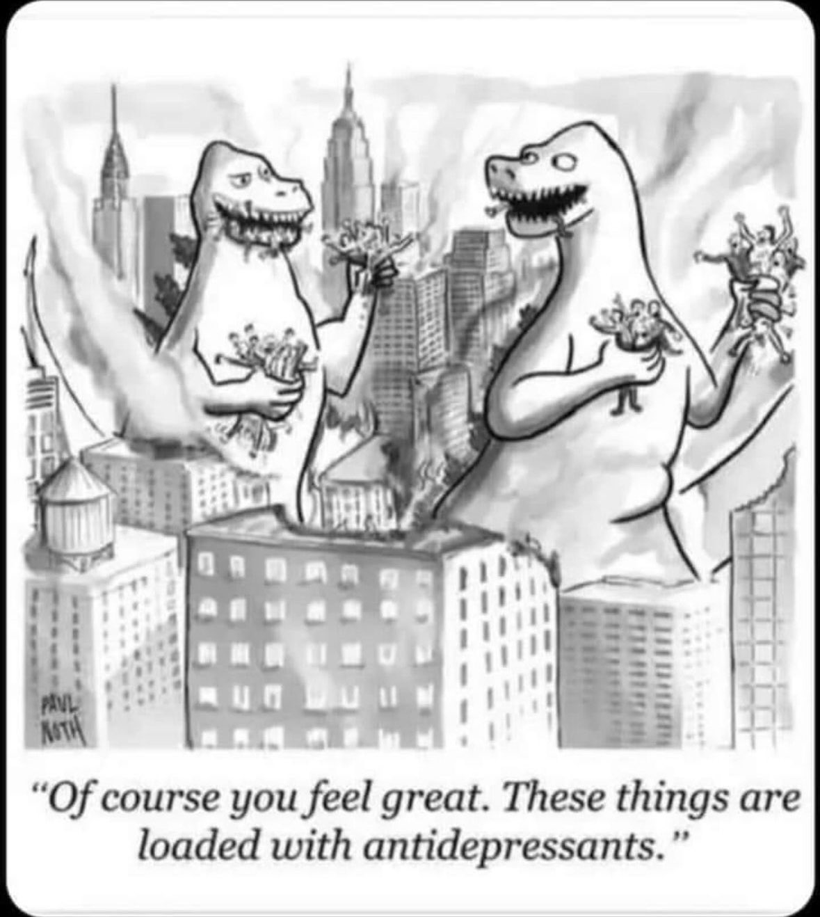 Godzilla and Mothra discussing how great they feel after apparently eating humans, which are 'loaded with antidepressants.'