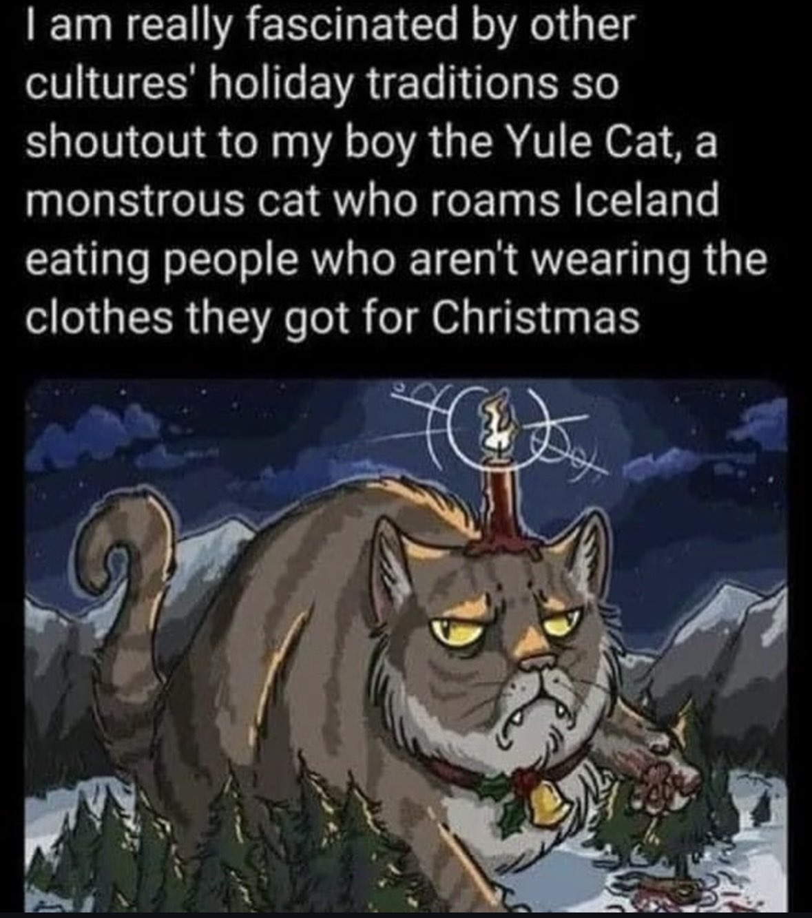 My Yule Cat legend is wild, he eats you if you don't wear new clothes for Christmas