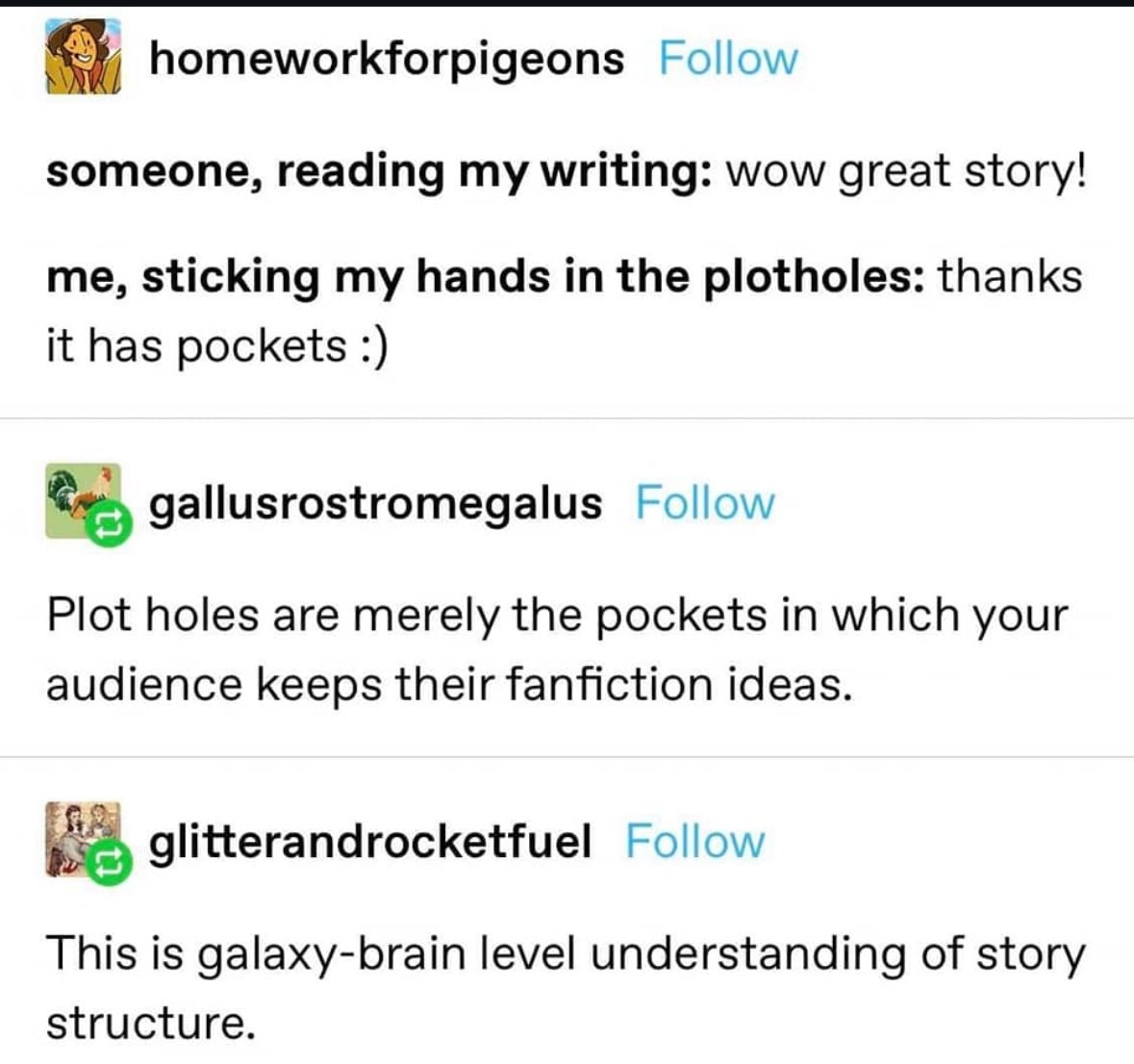 Writer explains how plotholes are actually pockets for fanfiction ideas, and yes, that's galaxy-brain thinking.