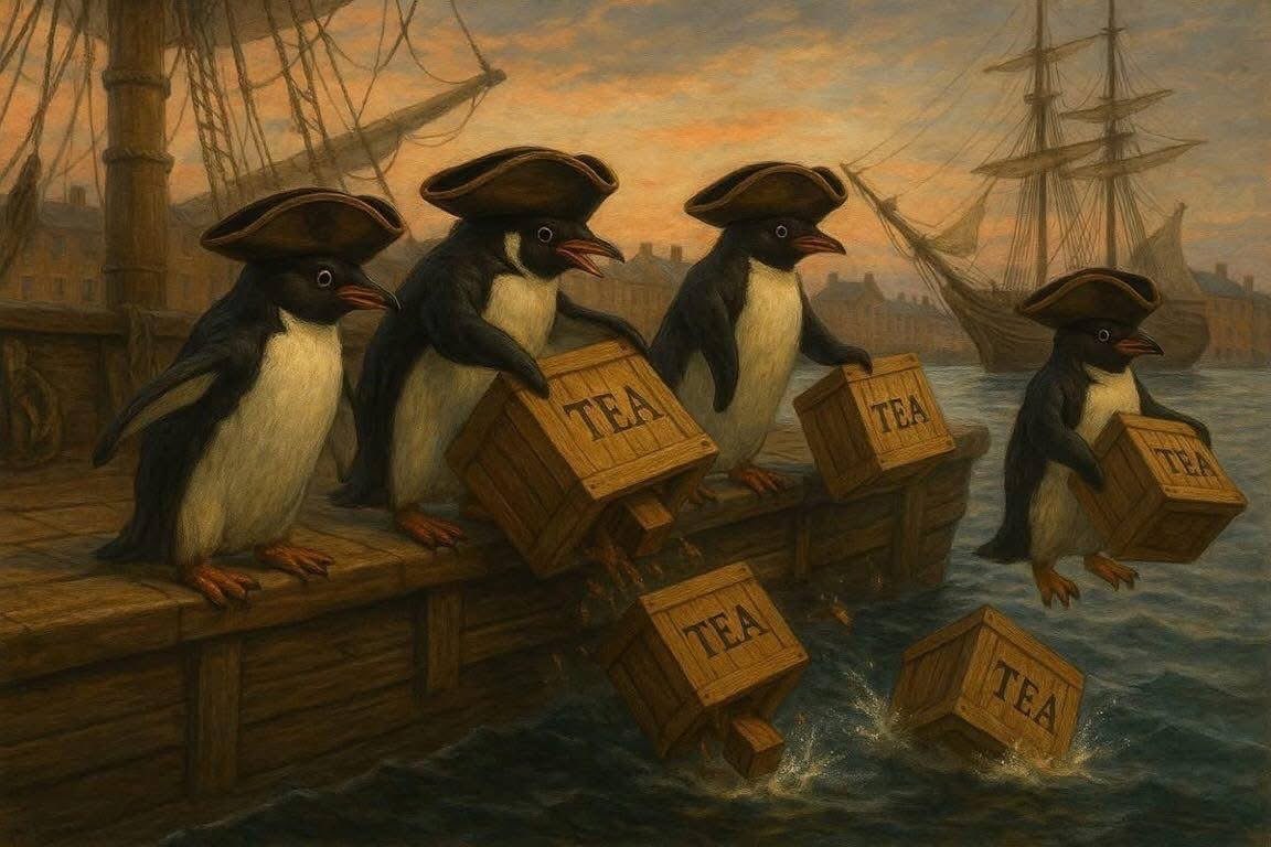 When you're trying to protest taxes but you're a penguin and can't read.