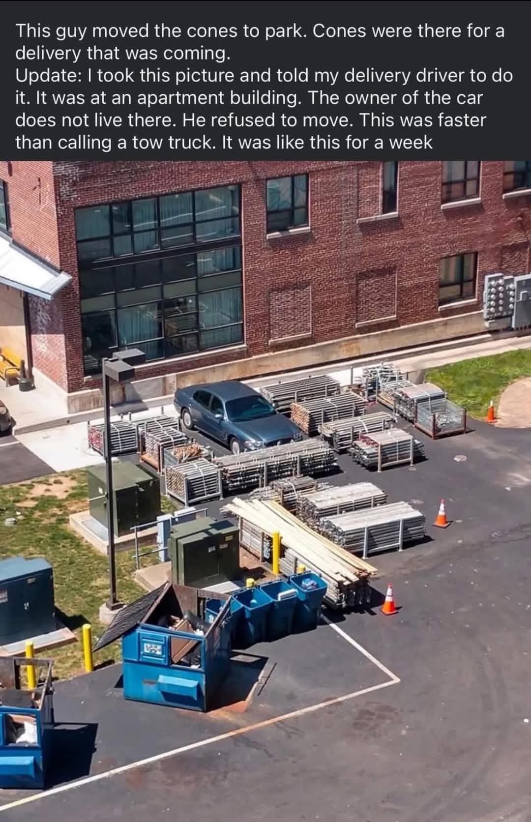 This dude blocked a delivery, refused to move his car, so they just built a construction site around him for a week.