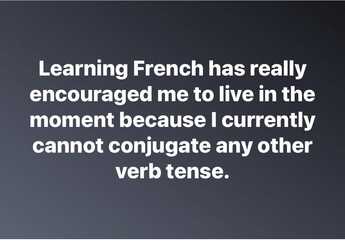 My French learning journey has me living in the moment bc I can't remember verb tenses lol