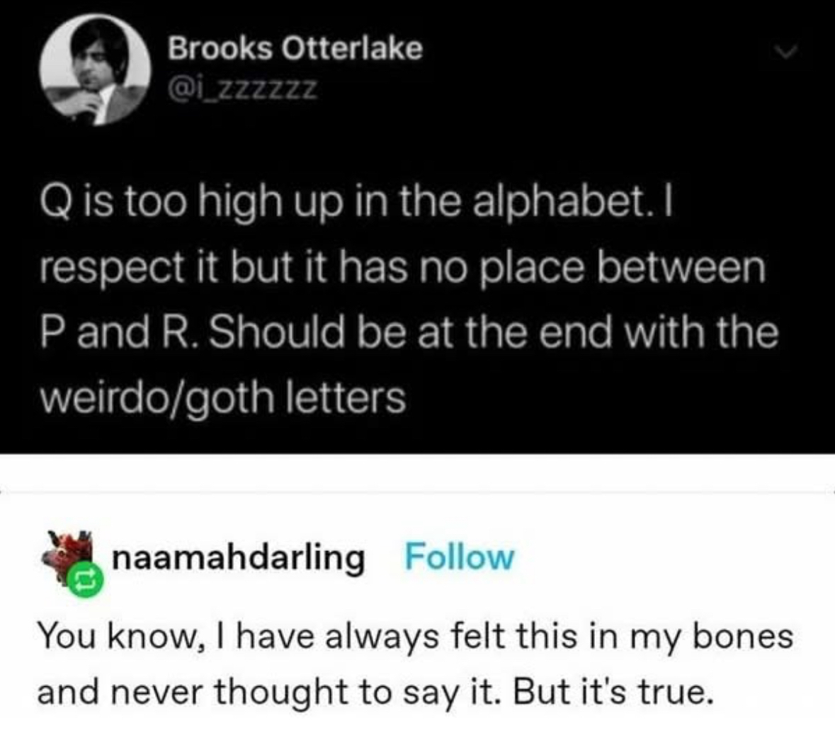 This person really thinks Q should be with the 'weirdo/goth letters' at the end of the alphabet. I kinda agree though.