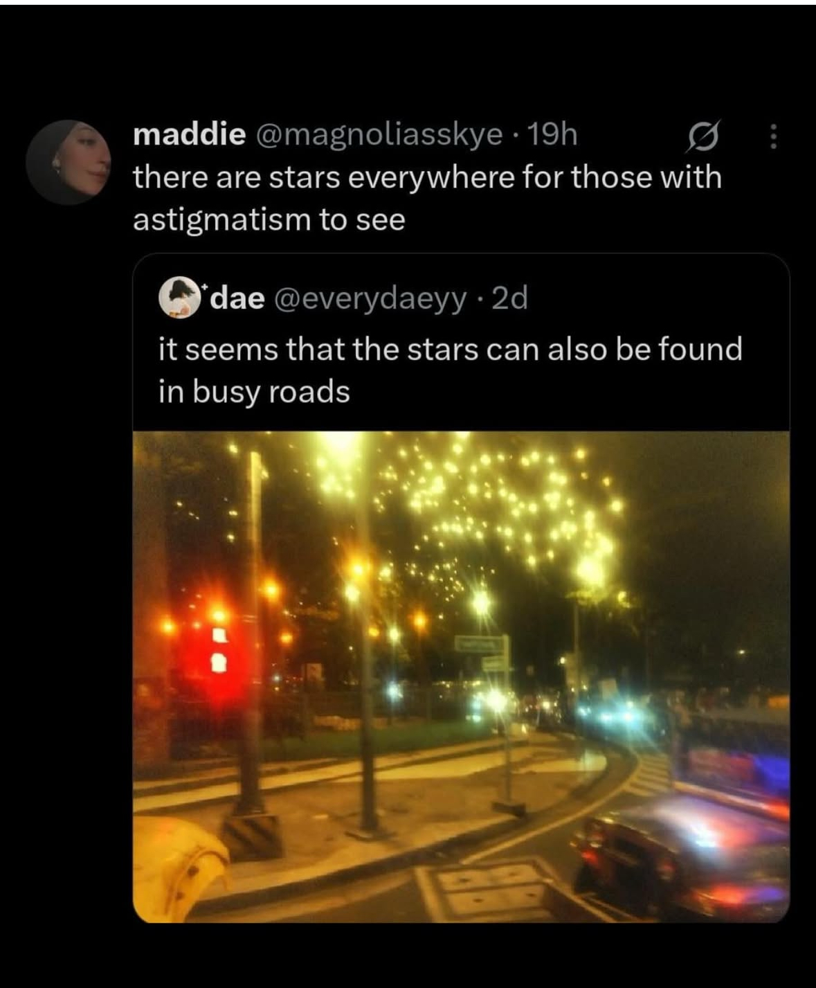Lol, astigmatism makes city lights look like stars. Who knew?