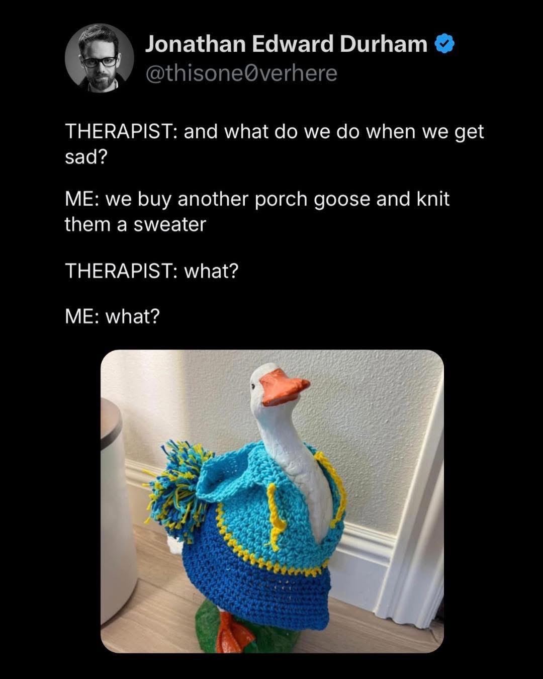 When your coping mechanism is buying new porch geese and knitting them outfits.
