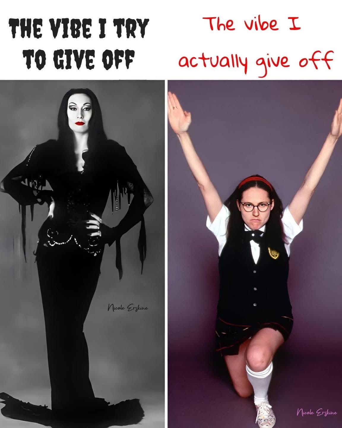 Me trying to be Morticia Addams vs. me actually being Wednesday Addams trying to summon a demon