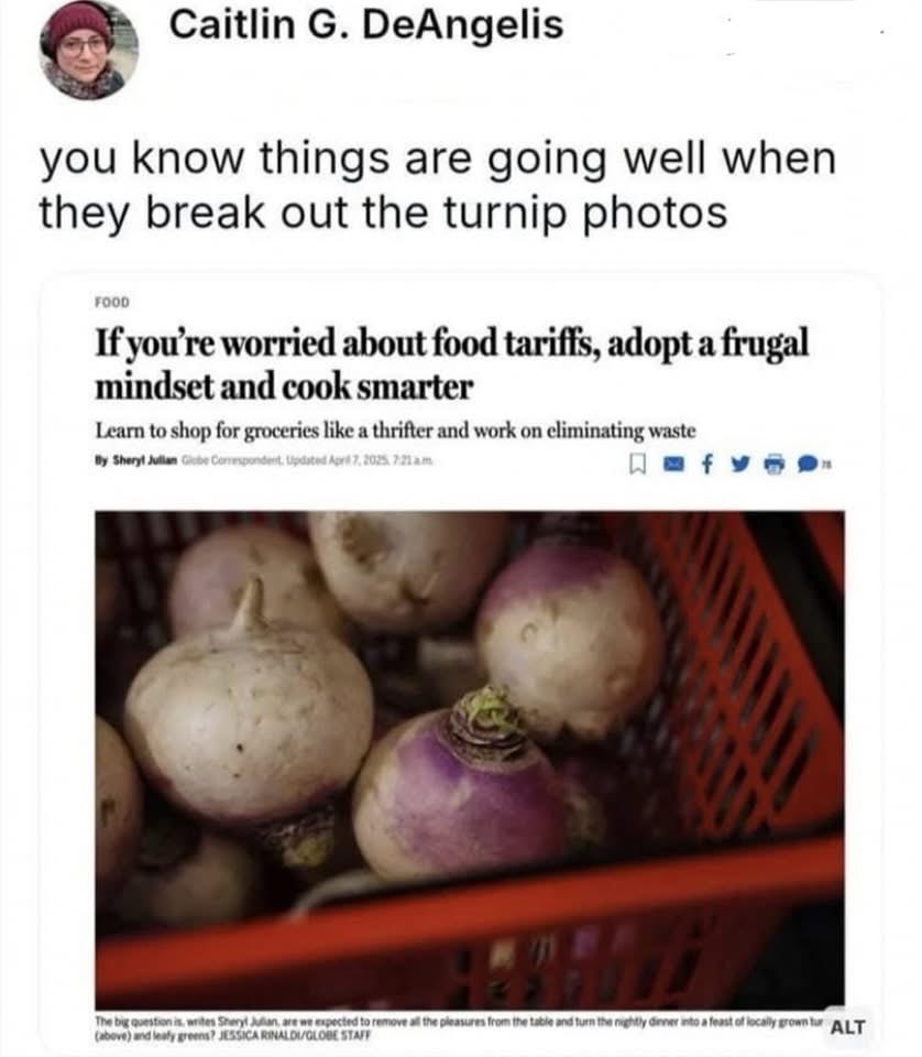 LOL they're telling us to eat turnips now because of food tariffs