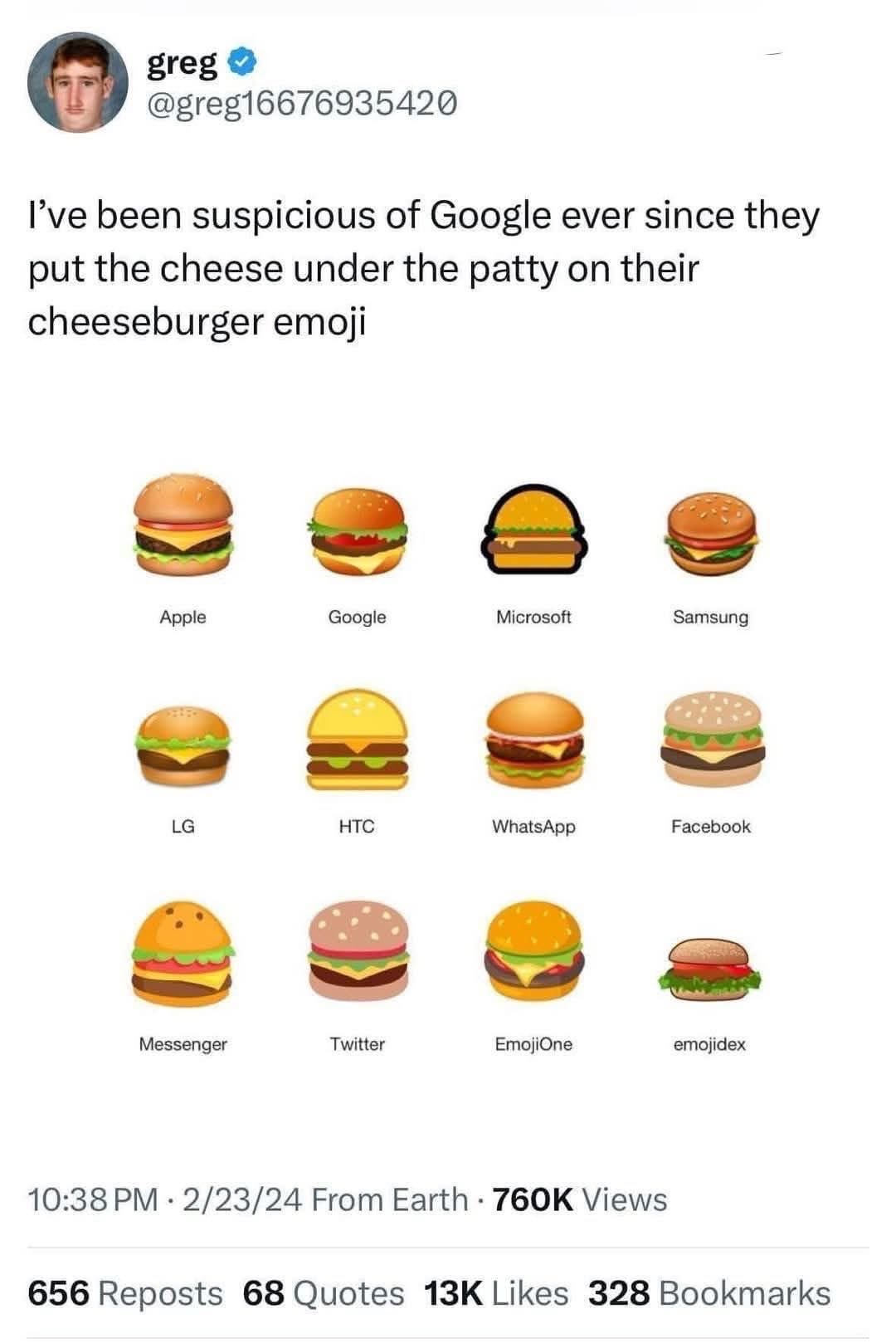 Seriously, Google? Cheese UNDER the patty on the cheeseburger emoji? What are you even doing.