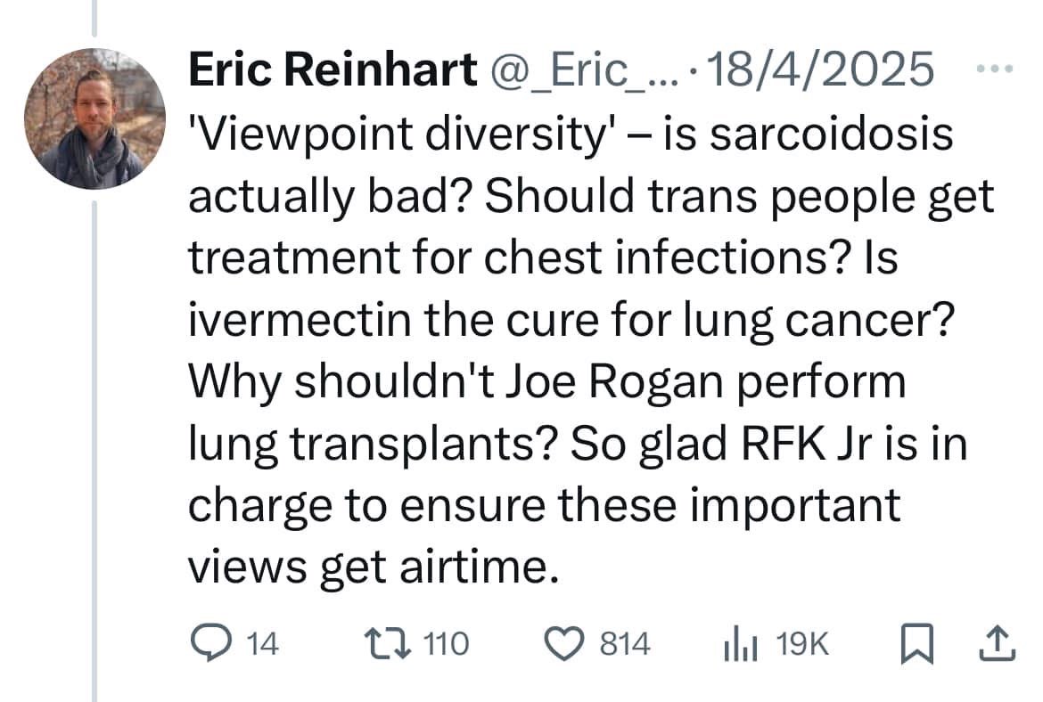 This person is being super sarcastic about 'viewpoint diversity' by listing absurd medical 'opinions' like ivermectin for lung cancer
