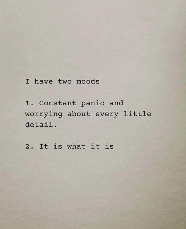 My two moods are full-blown panic or just giving up. No in-between.