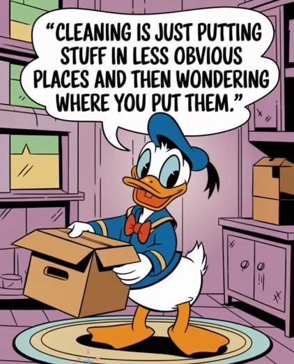 Donald Duck explaining how cleaning is basically hiding things from yourself