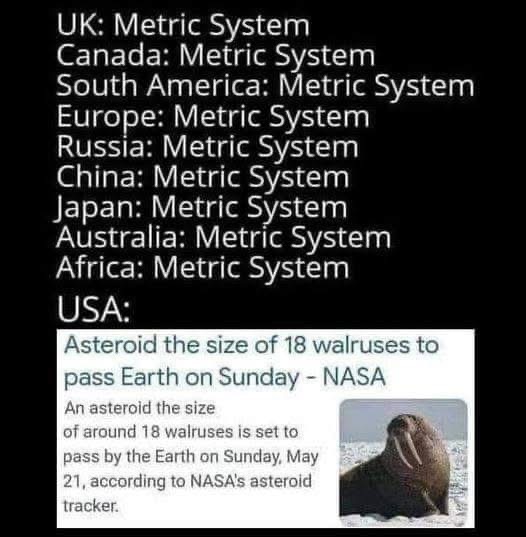 Lol, gotta love the US sticking to weird units like 'walrus' for asteroid size