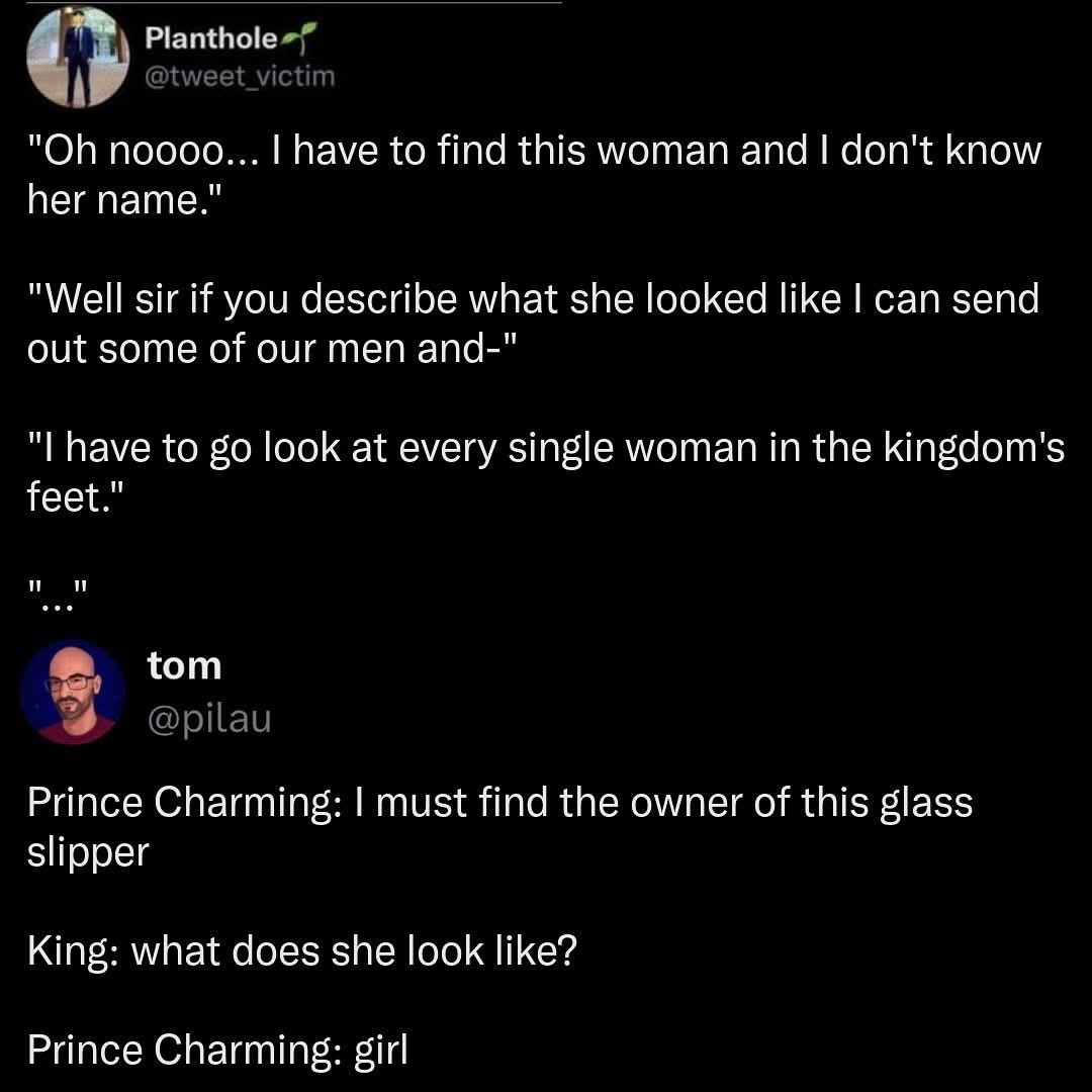 Prince Charming really said he could only describe her by her feet like, dude she's a girl.